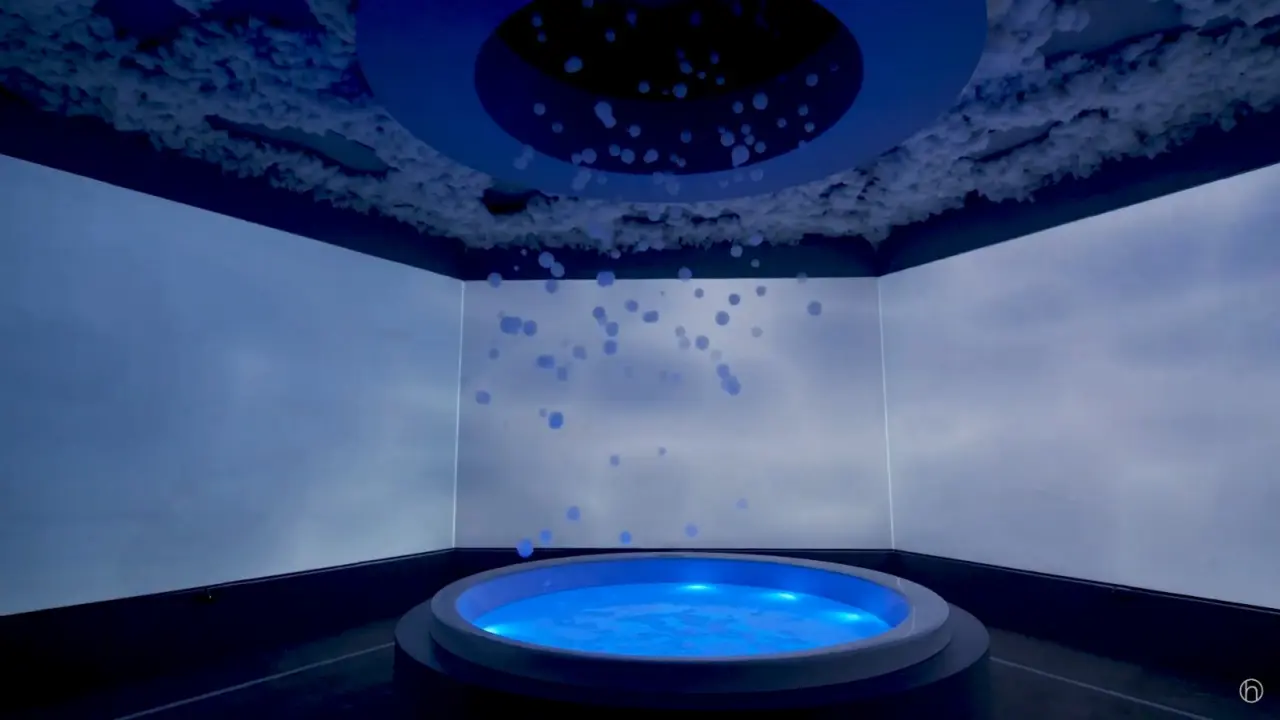 Sala hexagonal «El Séptimo Cielo» con jacuzzi y burbujas en el showroom de Noken (Grupo Porcelanosa)