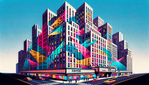 Ilustración de un video-mapping edificio con proyecciones coloridas en su superficie, con el título 'El Rol de los Video-Mappings en la Publicidad Moderna' en letra