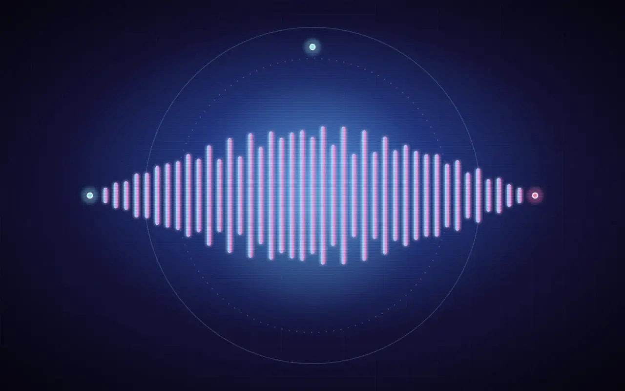 Ilustración holográfica abstracta: una onda de voz luminosa dentro de un círculo
