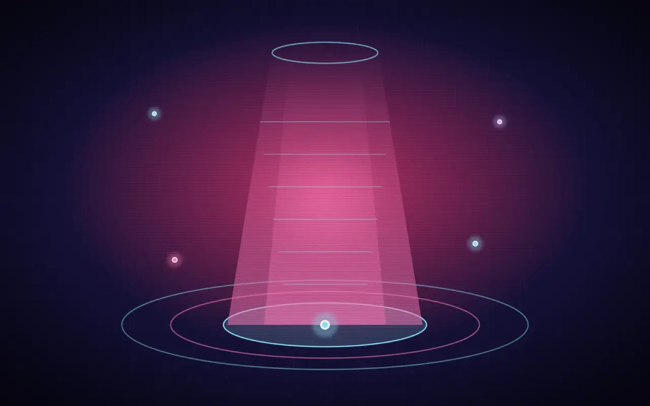 Ilustración holográfica abstracta: un haz de luz sobre una plataforma circular, como un escenario para un holograma
