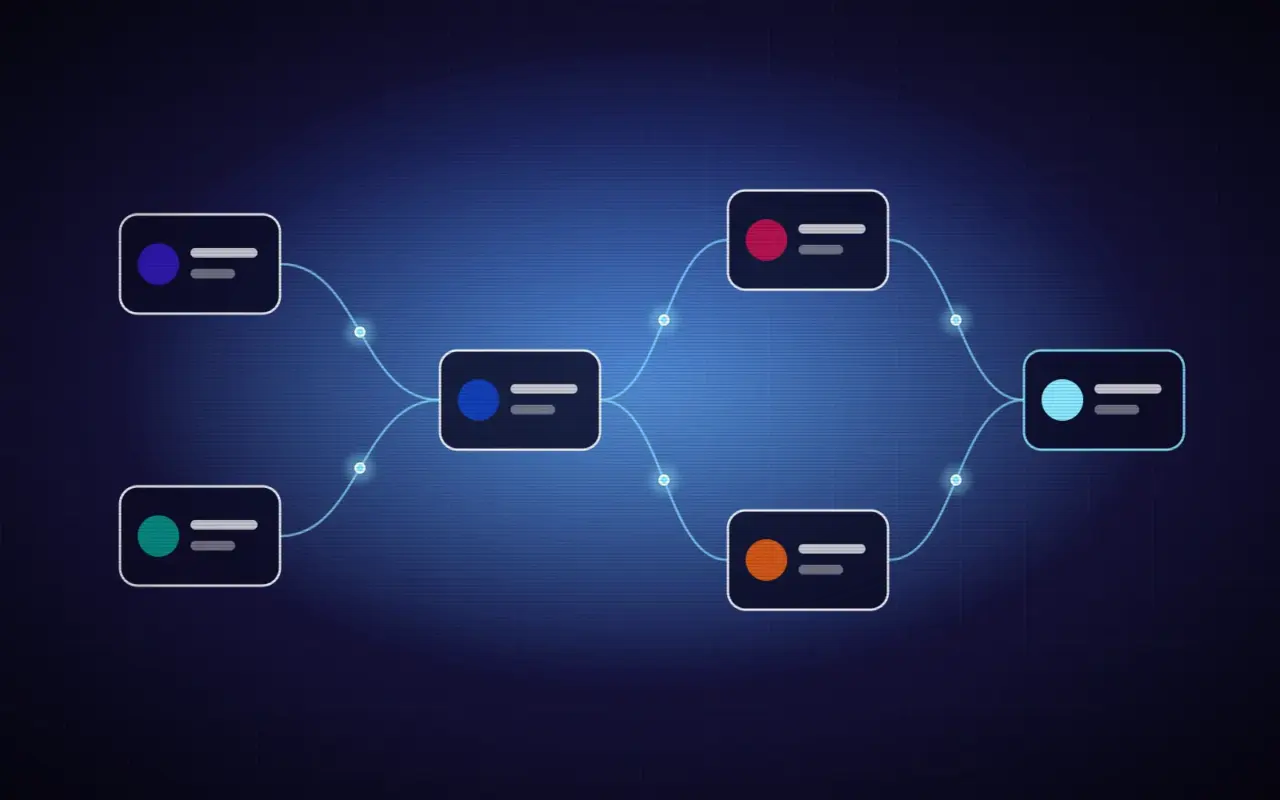 Ilustración holográfica abstracta: un diagrama de flujo con seis herramientas conectadas entre sí