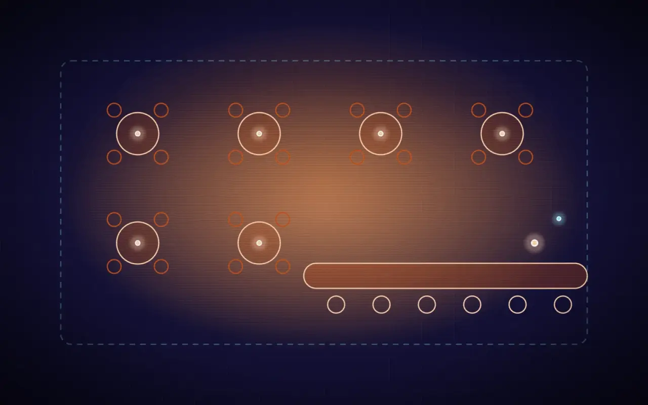 Ilustración holográfica abstracta: plano de un salón de bar visto desde arriba, con mesas, sillas y una barra con taburetes