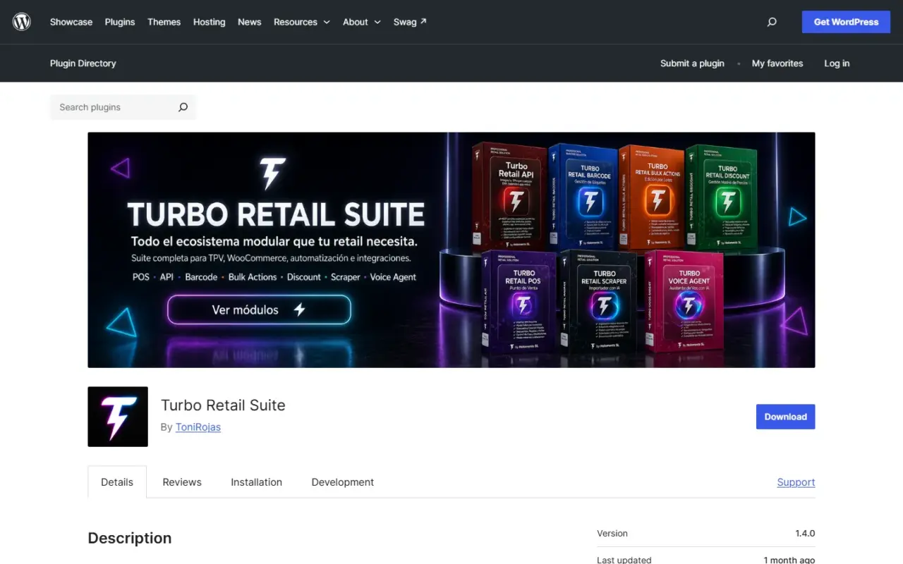 Ficha de Turbo Retail Suite en el directorio de plugins de WordPress.org
